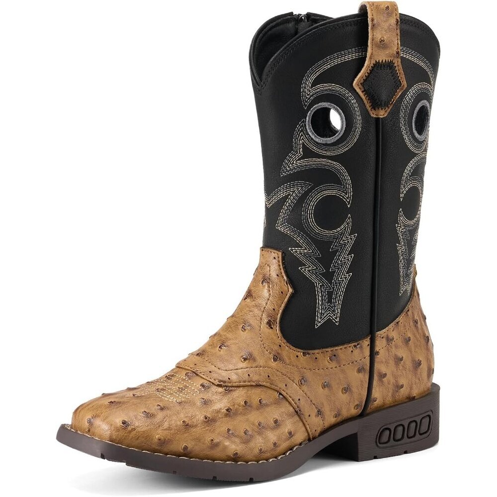 ⚡Kids Girls Brown Black Western Boots Square Toe Cowgirl Boots For Toddler
